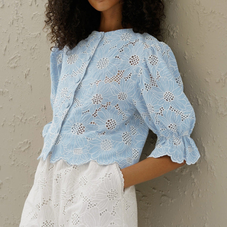 Women Embroidery Short Shirt Flared Sleeves Cropped Exposed Shirt Top