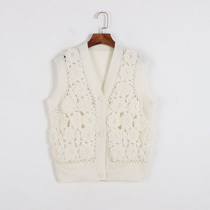 Handmade Crochet Hollow Out Cutout out Sweater Early Autumn Winter French Mohair Three Dimensional Floral Deep V Plunge Plunge neck Bag Buckle Knitted Coat for Women