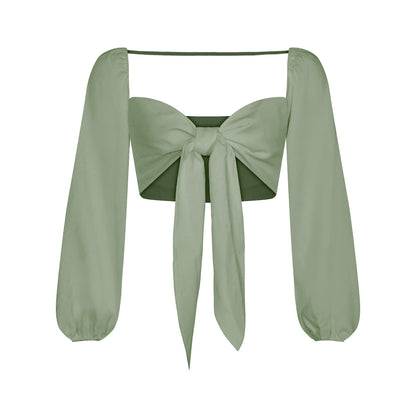 Solid Color Sexy Square Neck Tied Long Sleeves Top Autumn Ultra Short Lantern Sleeve Backless Chiffon Shirt
