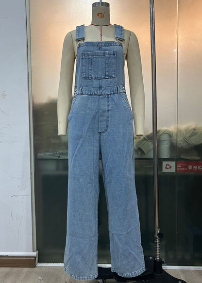 Women Retro Sleeveless Denim Suspender Pants Women Loose Straight Jumpsuit