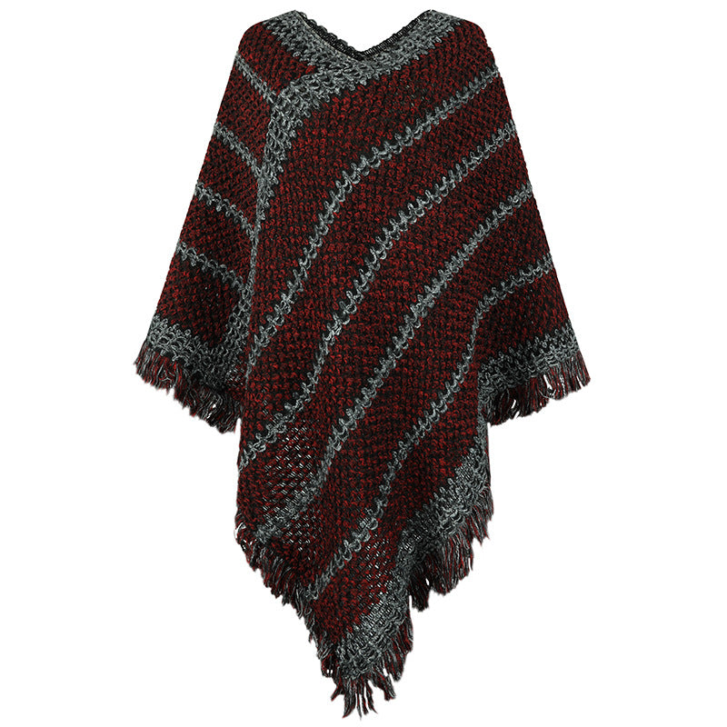 Autumn Winter Contrast Color Striped Ethnic Tassel Pullover Cloak Shawl Women