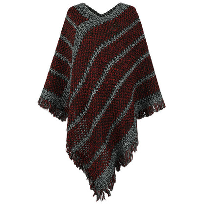 Autumn Winter Contrast Color Striped Ethnic Tassel Pullover Cloak Shawl Women
