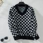 V Neck Pullover Plaid Women Sweater Autumn Winter Casual Loose Long Sleeve Sweater