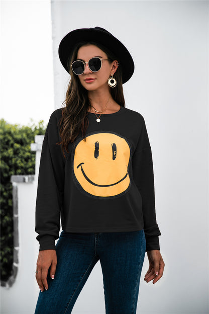 Autumn Winter round Neck Smiley Face Printing Casual Long Sleeve  Smiley Face Sweatshirt