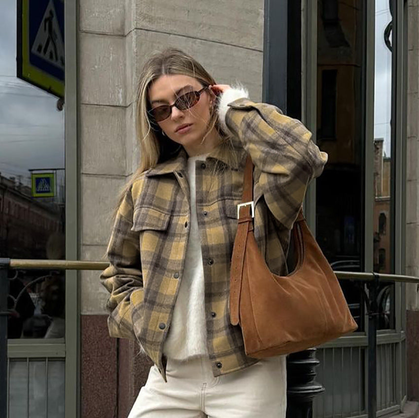 Classic Plaid Casual Loose Brown Plaid Collared Coat Autumn Street Long Sleeve Women Clothing