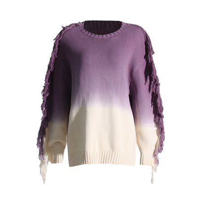Korean Casual Women  Sweater Idle Design Brushed round Neck Pullover plus Size Gradient Color Sweater