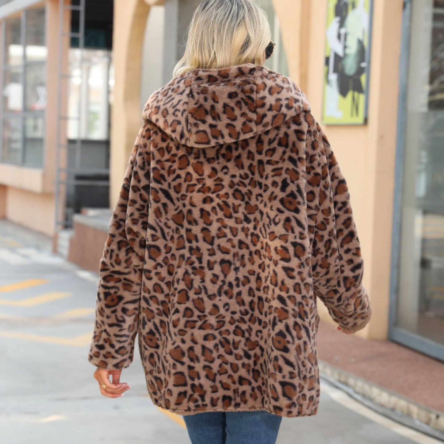 Casual Women Autumn Clothing Hooded Loose Long Sleeves Leopard Print Mid Length Pointed Bubble Velvet Outerwear