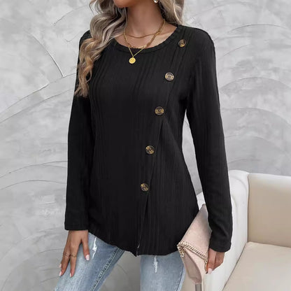 Autumn Winter Women Crew Neck Split Button Long Sleeved Top