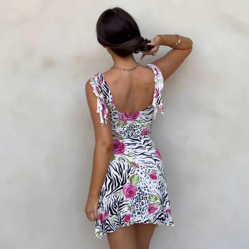 Women Clothing Summer Printed Sexy Backless Slim Fit Split Dress