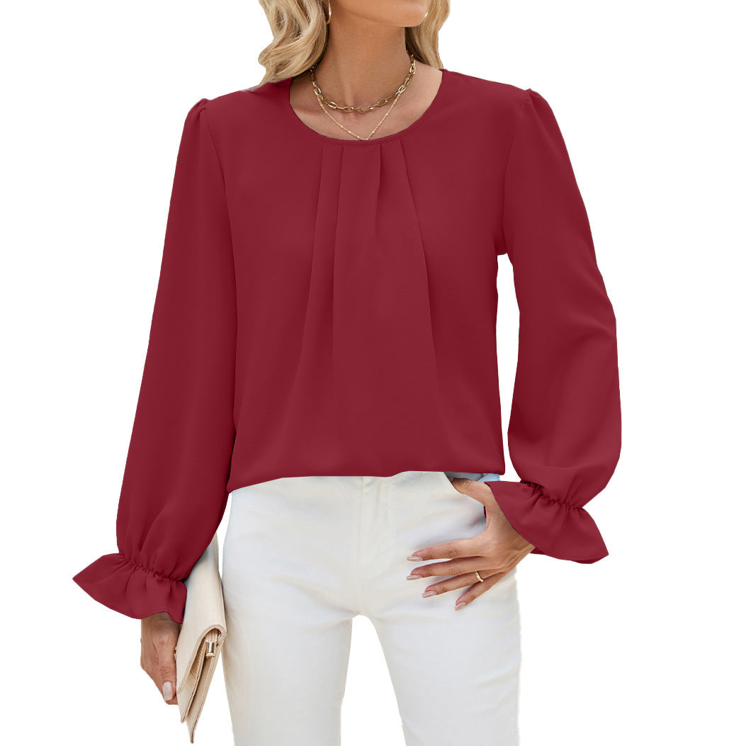 Autumn Winter Solid Color Round Neck Loose Long Sleeved Chiffon Top Bottoming Shirt