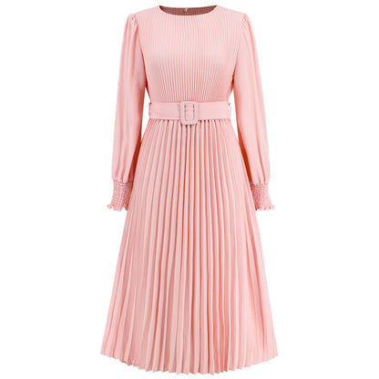 Autumn Winter Round Neck Bubble Long Sleeve Pleated A Line Mid Length Slim Dress