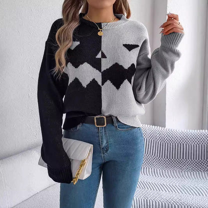 Autumn Winter Halloween Ghost Pumpkin Contrast Color Knitted Long Sleeve Pullover Women