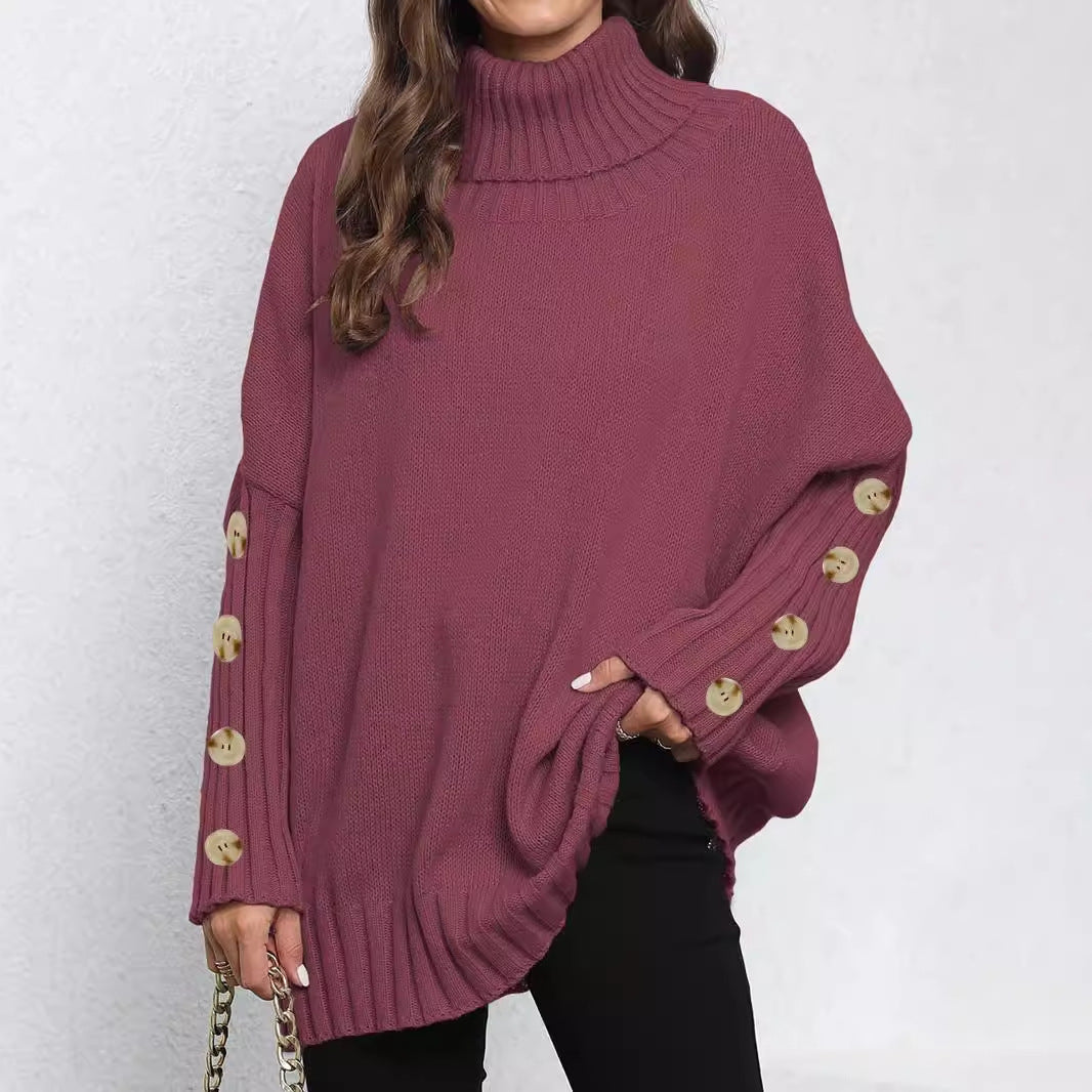 Women Pullover Button Knitted Solid Color Turtleneck Collared Loose Woven Sweater Top