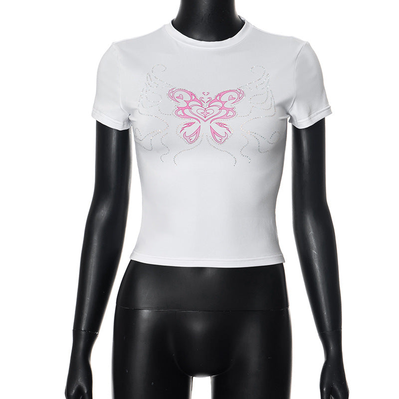 Summer Simplicity Butterfly Printed Rhinestones round Neck Pullover Cropped Top Women