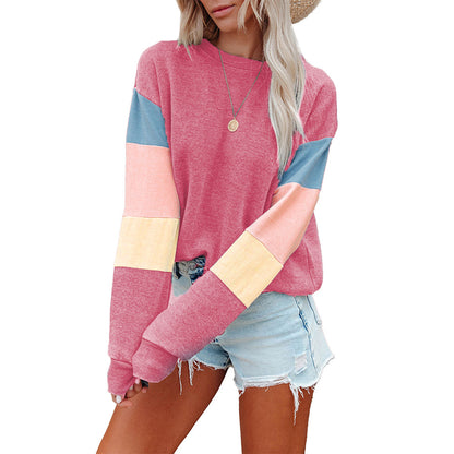 Autumn Winter Hoodless Sweater Women Color Block Stitching Loose Long Sleeve Top