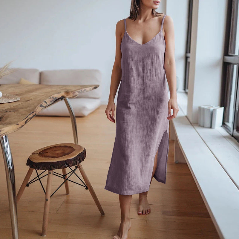 Spring Summer Women V Neck Strap Dress Cotton Double Layer Crepe Slit Hemline At Hem Midi Dress