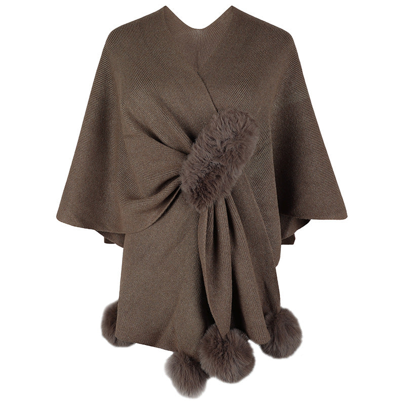 Solid Color Fur Ball Cape Sweater for Women Autumn Winter Women Shawl Knitted Cardigan