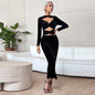 Women Clothing Hollow Out Cutout Thin Sexy Hepburn Pullover Long Sleeve Narrow Black Dress Velvet Dress