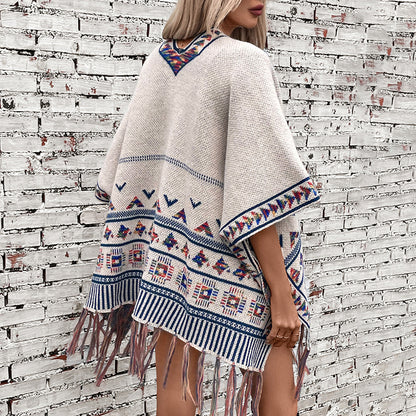 Knitted Tassel Shawl for Women Autumn Winter Casual Loose Jacquard Cape Cloak Coat