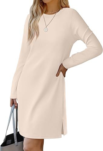 Women Clothing Round Neck Slit Hemline At Hem Sweater Long Sleeve Casual Dress