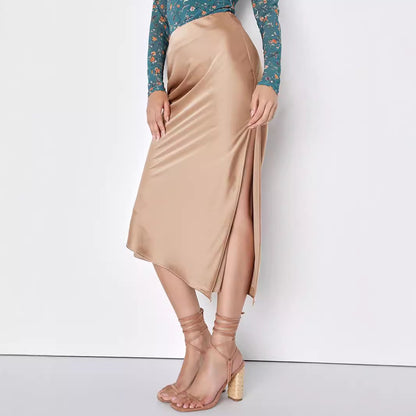 Women Clothing Satin Skirt Asymmetric High Waist Elastic Long Skirt Elegant Slit Skirt