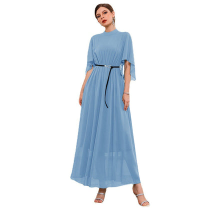 Middle East Muslim Women Wear Summer High Neck Bell Sleeve Solid Color Dress