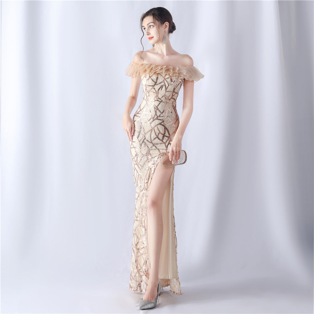 Fabric Sequin Combined With Embroidery Thread Heavy Craft Folding Organza Boutique Evening Dress