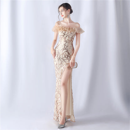 Fabric Sequin Combined With Embroidery Thread Heavy Craft Folding Organza Boutique Evening Dress