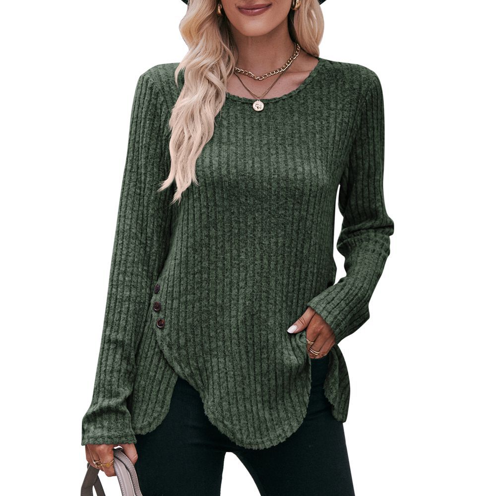 Women round-Neck Sunken Stripe Brushed Solid Color Top Long Sleeve Button T-shirt