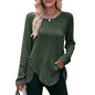 Women round-Neck Sunken Stripe Brushed Solid Color Top Long Sleeve Button T-shirt