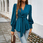 Women Clothing Autumn Winter Casual V neck Solid Color Long Sleeved Top