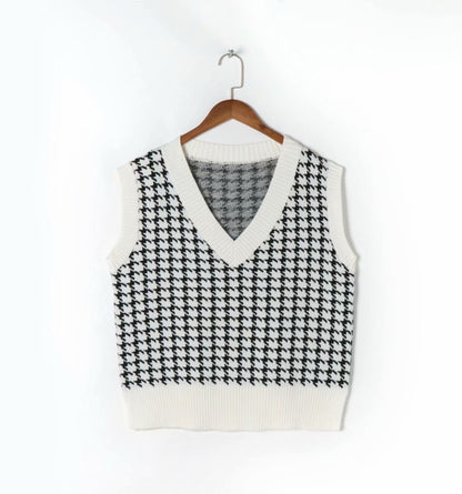 Autumn Preppy Houndstooth Vest Loose All Match V Neck Vest Knitted Women Fall Winter Outer Wear Top