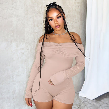 Women Clothing Off Shoulder Pleating Long Sleeve Tight High Waist Romper Women