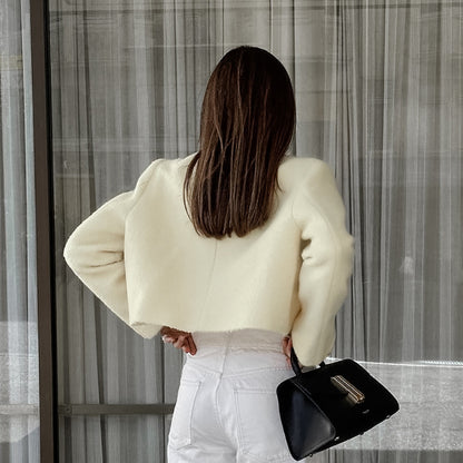 Autumn Elegant Three Dimensional Slim Fit Niche Apricot Woolen Round Neck Office Long Sleeve Short Coat Women