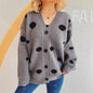 Autumn Winter Big Dot Jacquard Knitted Cardigan V Neck Single Breasted Sweater Coat Women