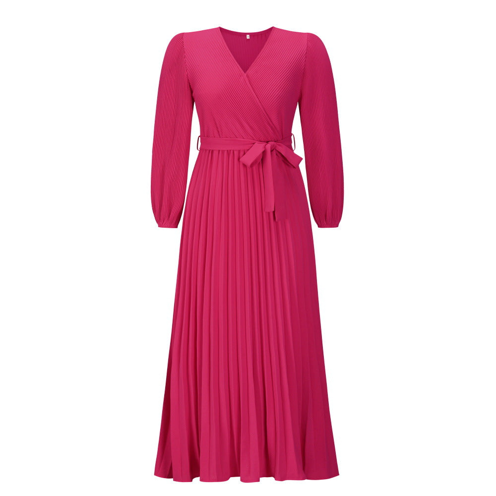 Autumn Winter Women V neck Long Sleeve Pleated A line  Mid Length Dress