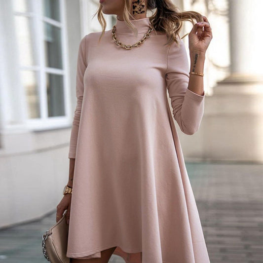 Fall Winter Casual Women Solid Color Long Sleeve High Collar Loose Autumn Dress