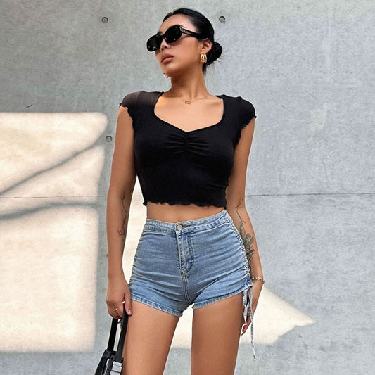 Summer Women Clothing V neck Pleated Slim T shirt Elastic Exposed Cropped Solid Color Ultra Short Short Sleeve Top