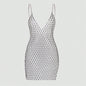 Women Clothing Dress Sexy Fishnet Dress V Neck Rhinestone Suspender Dress Tight Women