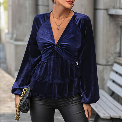 Autumn Women Solid Color V neck Velvet Top