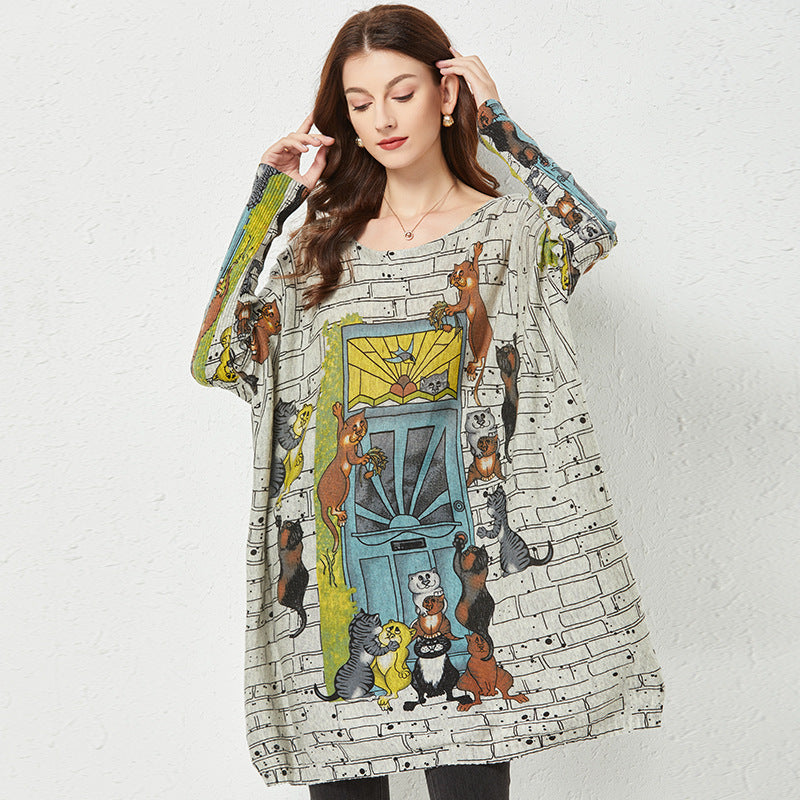 Cartoon Printed Sweater Women Loose Outer Wear Idle Top Mid-Length Bottoming Knitwear