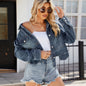 Women Spring Washed Casual Short Frayed Hem Denim Coat Top