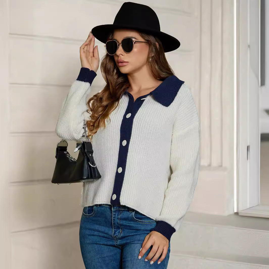 Polo Collar Long Sleeved Knitted Cardigan Women Solid Color Single Breasted All Match Top Women