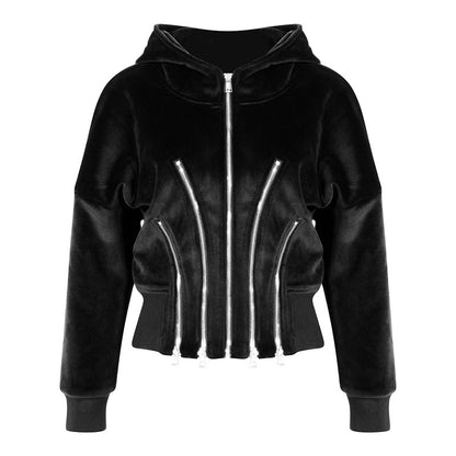 Gold Velvet Hooded  for Women Autumn Thickened Composite Multi Metal Zipper Split Waist Trimming  Women