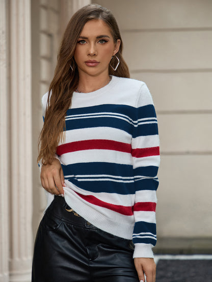 Women Clothing Sweater Classic Striped Pullover Round Neck Knitted Bottoming Casual All Matching Tops