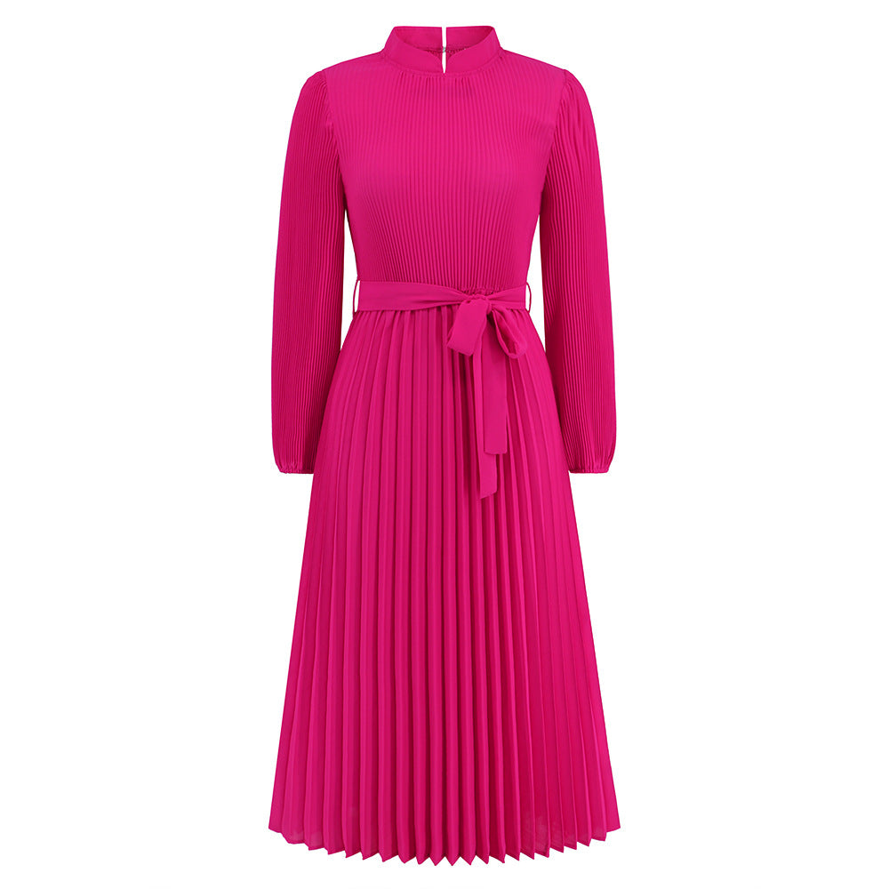 Autumn Winter Slim Dress Stand Collar Puff Sleeve Pleated Women Clothing