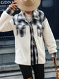 Women Plush Plaid Stitching Breasted Long Sleeve Plaid Collared Plush Coat