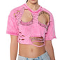 Personality Trendy Top Spring Summer round Neck Ripped Hollow Out Cutout out Stitching Design Short T shirt