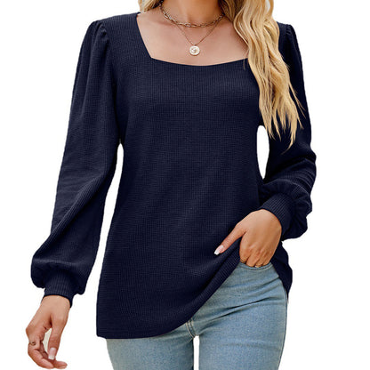 Women Clothing U Collar Pleated Puff Sleeve Top Loose Casual Solid Color T shirt