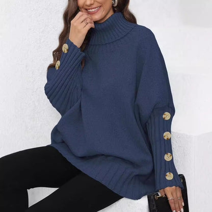 Women Pullover Button Knitted Solid Color Turtleneck Collared Loose Woven Sweater Top